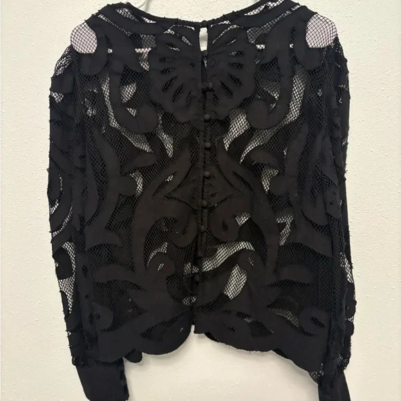 Anthropologie Black Lace Appliqué Sheer Blouse - Picture 6 of 7